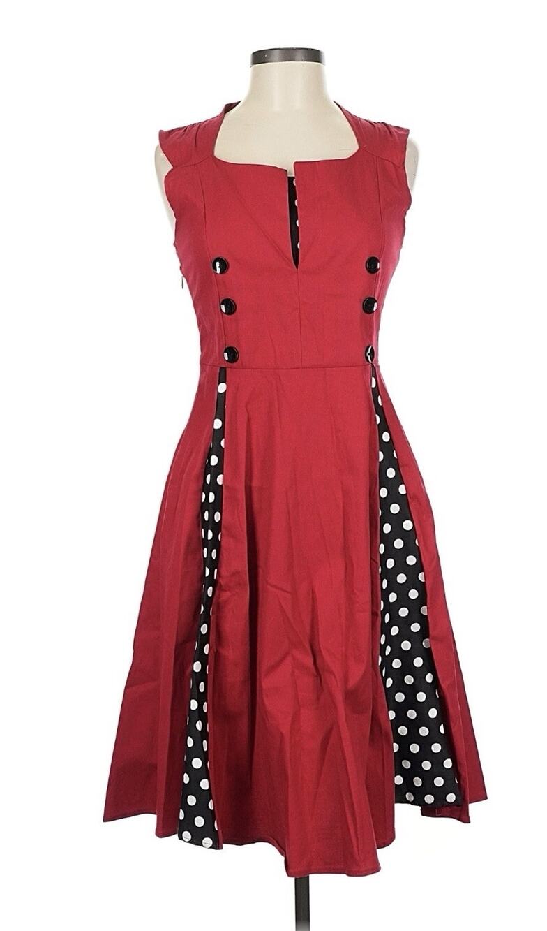 Red Retro 50s Pin-Up Rockabilly Polka Dot Print A-Line Dress Medium